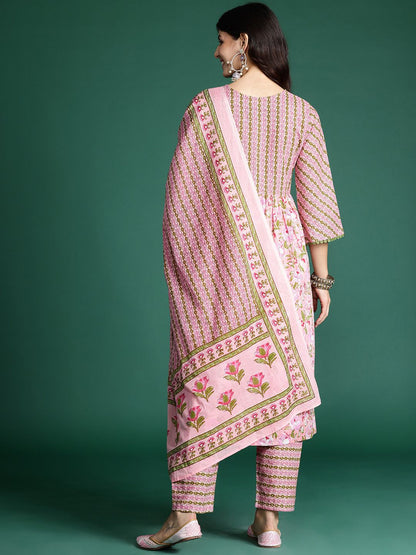 Indyancart IE Floral Printed Empire Pure Cotton Kurta with Trousers & Dupatta