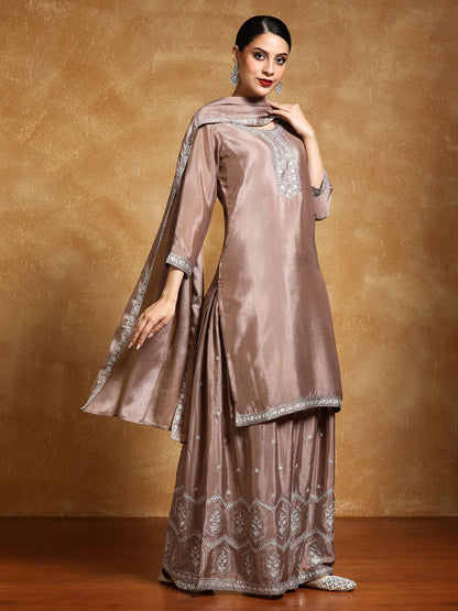 Indyancart VA Floral Yoke Design Zari Straight Kurta With Sharara And Dupatta