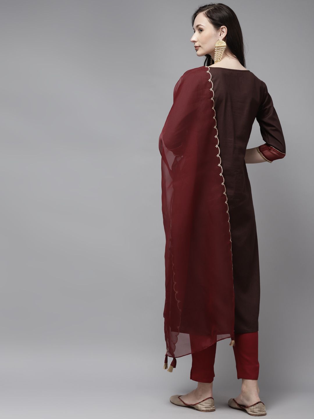 Indyancart IE Women Brown & Pink Embroidered Cotton Kurta with Trousers & With Dupatta