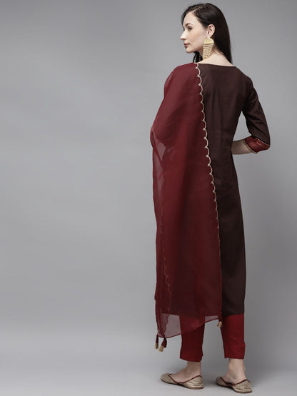 Indyancart IE Women Brown & Pink Embroidered Cotton Kurta with Trousers & With Dupatta