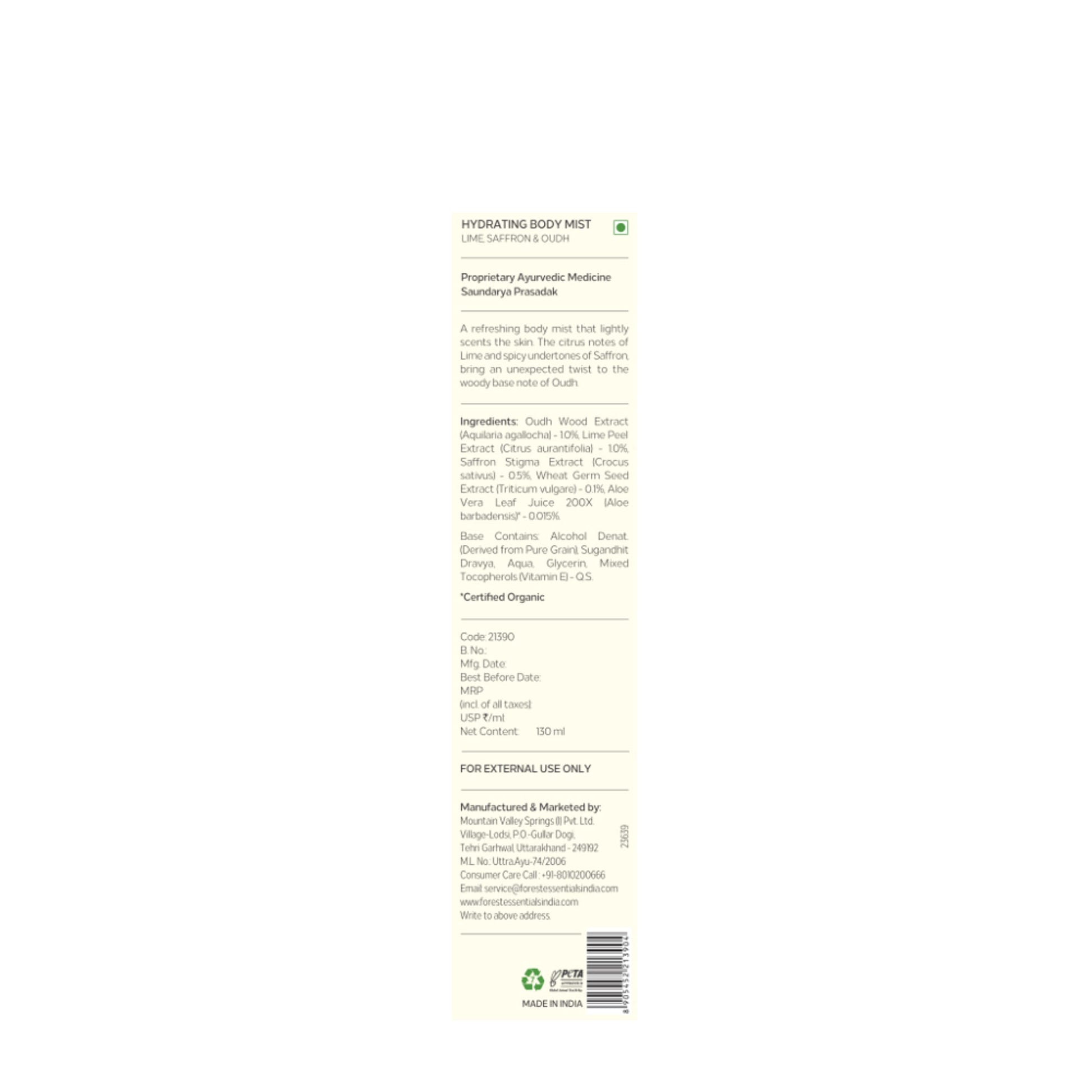 Forest Essentials Hydrating Unisex Body Mist Spray
