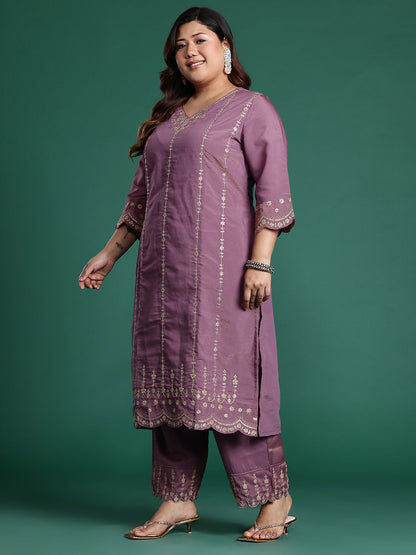 Indyancart IE Plus Size Ethnic Motifs Embroidered Sequinned Kurta with Trousers & With Dupatta