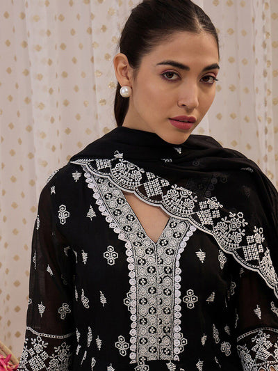 Dhiyona IE Floral Embroidered V-Neck Pure Cotton Straight Kurta with Trousers & Dupatta