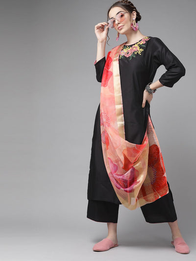 Indyancart IE Classic Black And Peach Embroidered Kurta Set