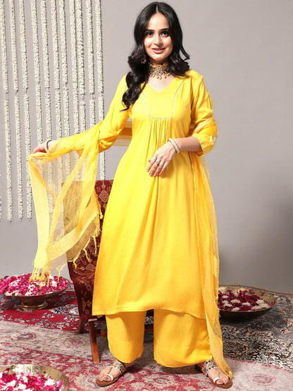 Indyancart VA Women'sV-Neck A-Line Pleated Kurta with Palazzos & With Dupatta