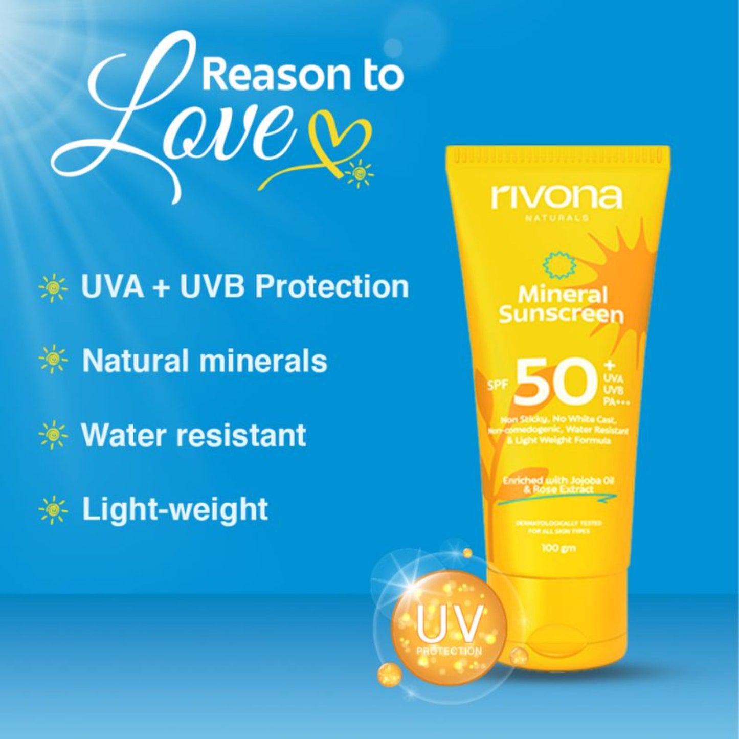 Rivona Naturals Mineral Sunscreen SPF 50 PA+++ Non-Sticky And No White Cast For All Skin Types