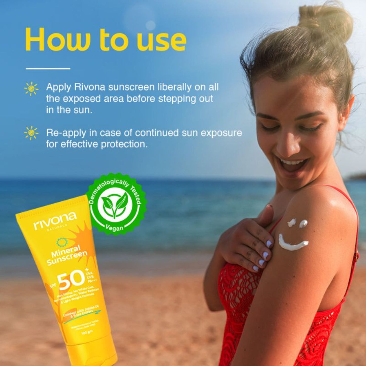 Rivona Naturals Mineral Sunscreen SPF 50 PA+++ Non-Sticky And No White Cast For All Skin Types