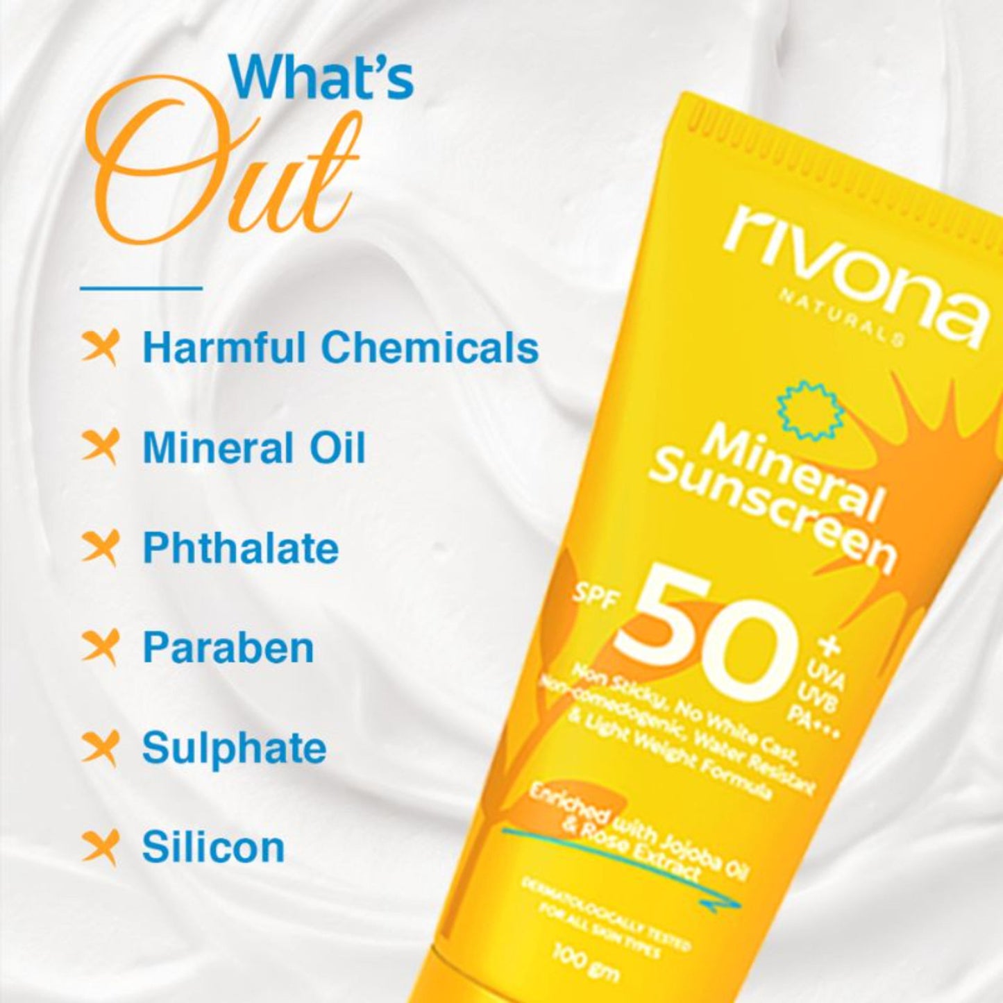 Rivona Naturals Mineral Sunscreen SPF 50 PA+++ Non-Sticky And No White Cast For All Skin Types