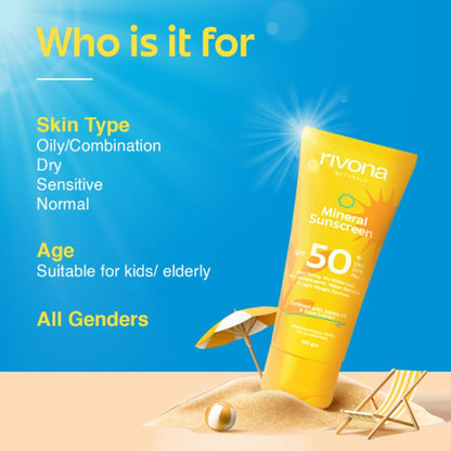 Rivona Naturals Mineral Sunscreen SPF 50 PA+++ Non-Sticky And No White Cast For All Skin Types