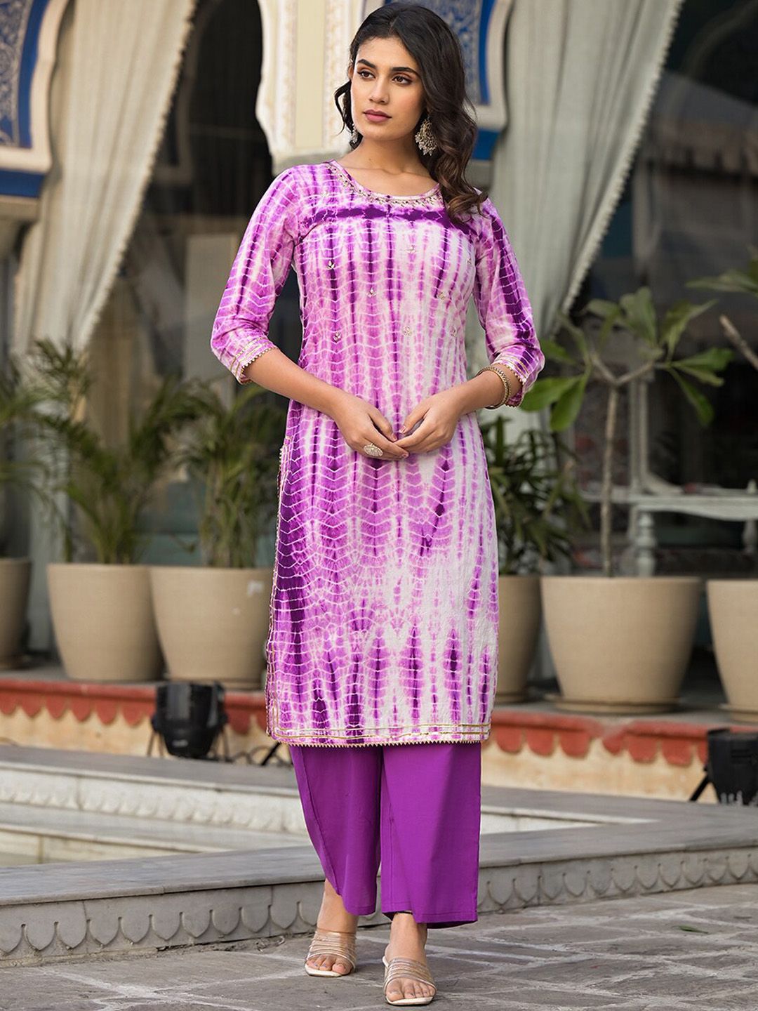 Indyancart VA Women's Dyed Regular Gotta Patti Pure Cotton Kurta with Palazzos & With Dupatta