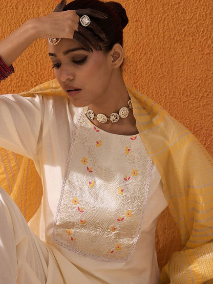 Indyancart IE Floral Yoke Design Zari Pure Cotton Straight Kurta With Trousers & Dupatta
