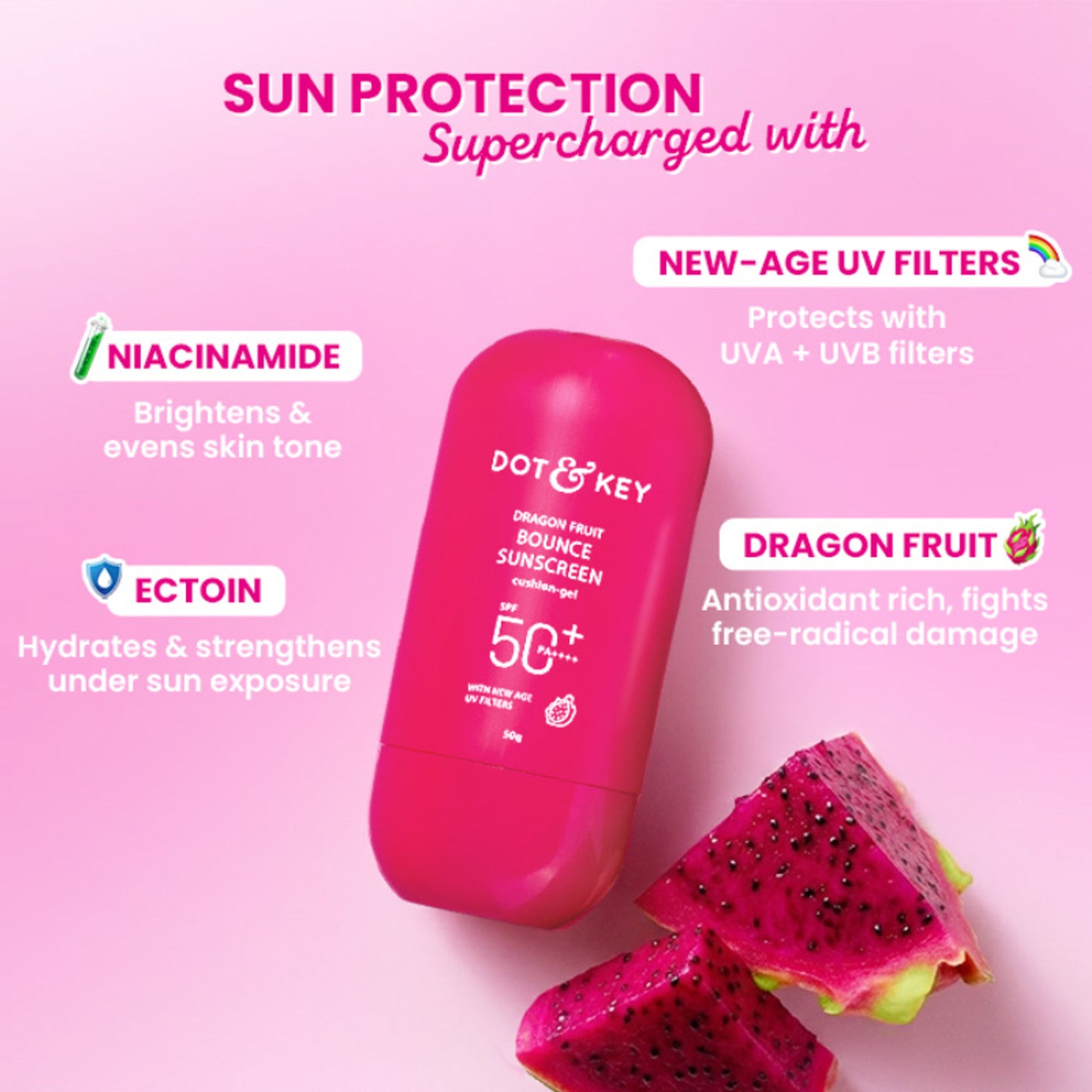 Dot & Key Dragon Fruit Bounce Sunscreen In-Vivo Tested SPF 50+ PA++++, With New-Age UV Filters