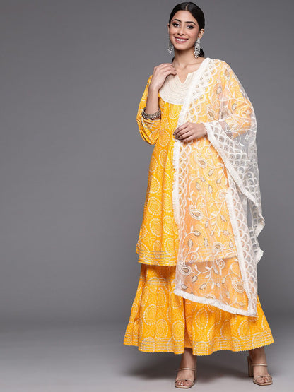 Indyancart VA Women's Mustard Yellow Bandhani Printed Pure Cotton Kurta with Sharara & Dupatta
