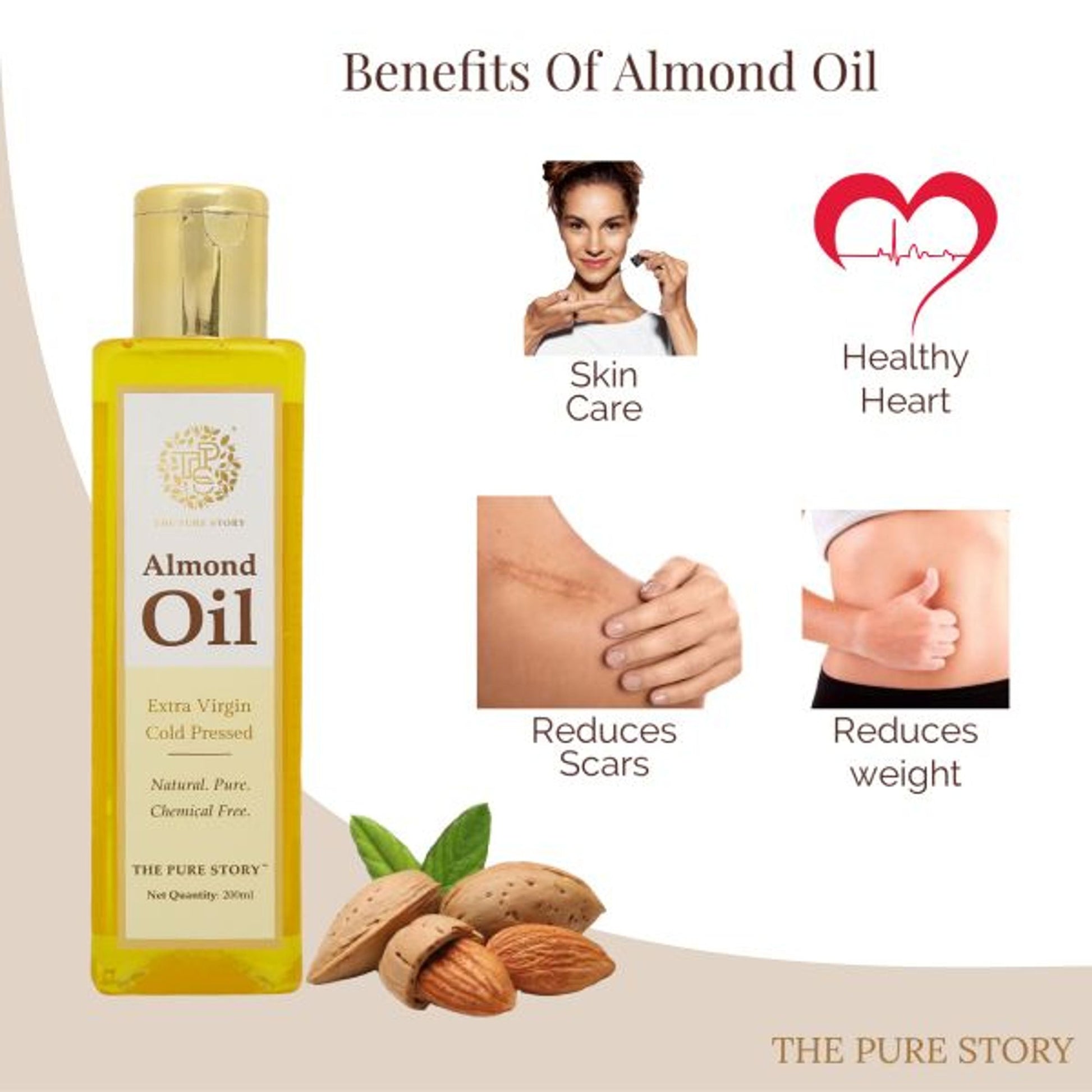 The Pure Story Natural Cold Pressed Almond Oil for Hair, Skin, Face & Massage
