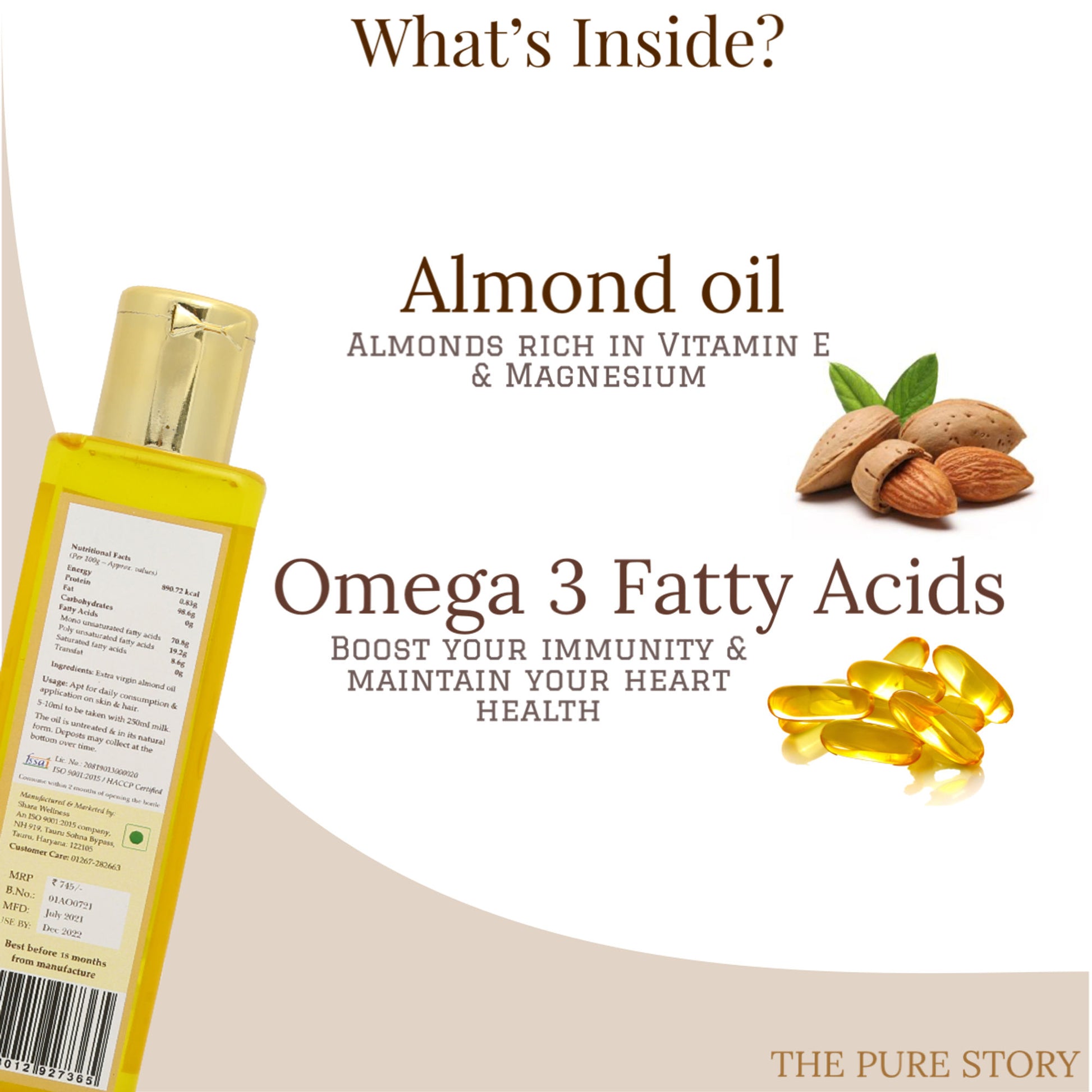 The Pure Story Natural Cold Pressed Almond Oil for Hair, Skin, Face & Massage