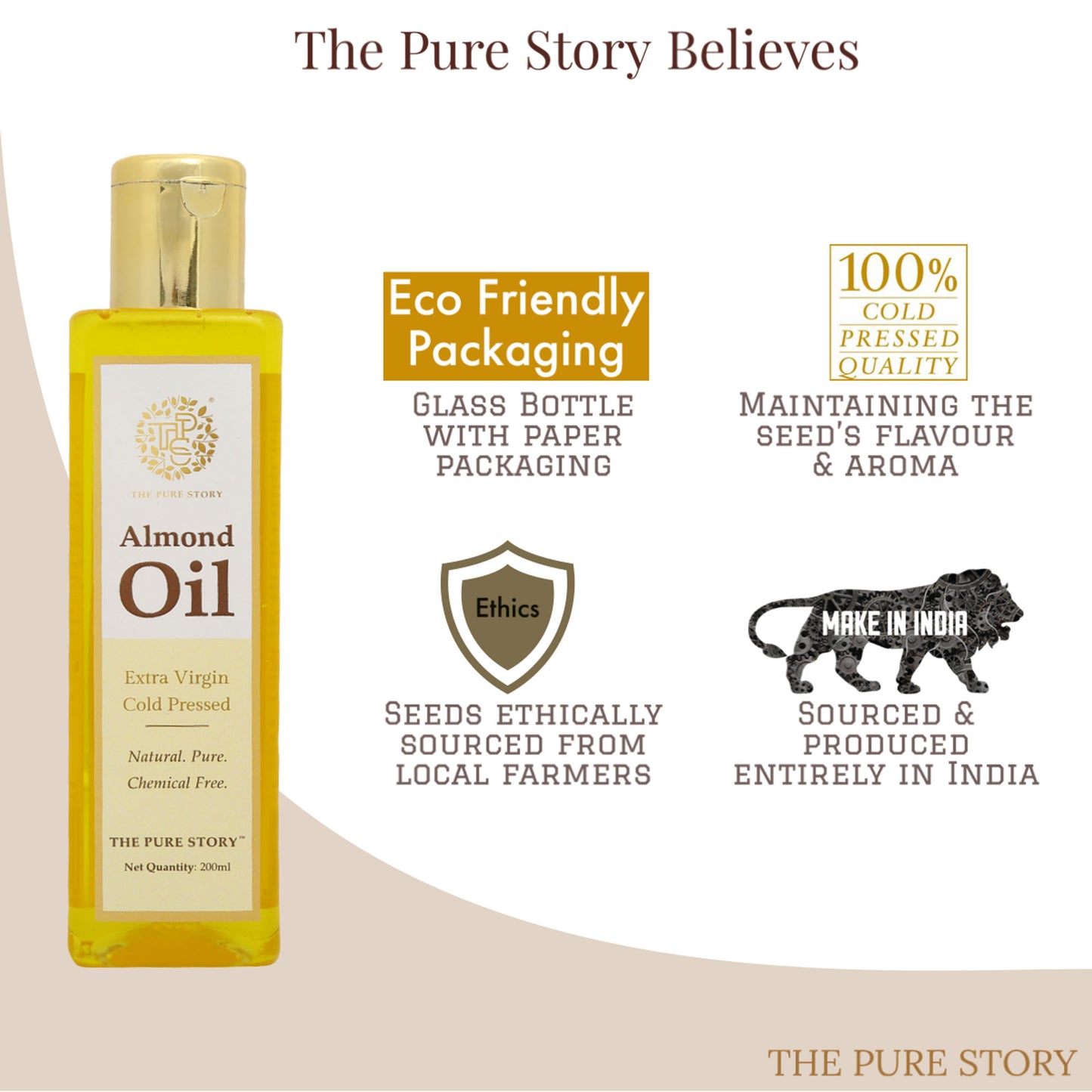 The Pure Story Natural Cold Pressed Almond Oil for Hair, Skin, Face & Massage