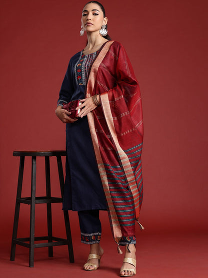 Dhiyona IE Floral Yoke Design Pure Cotton Kurta With Trousers & Dupatta