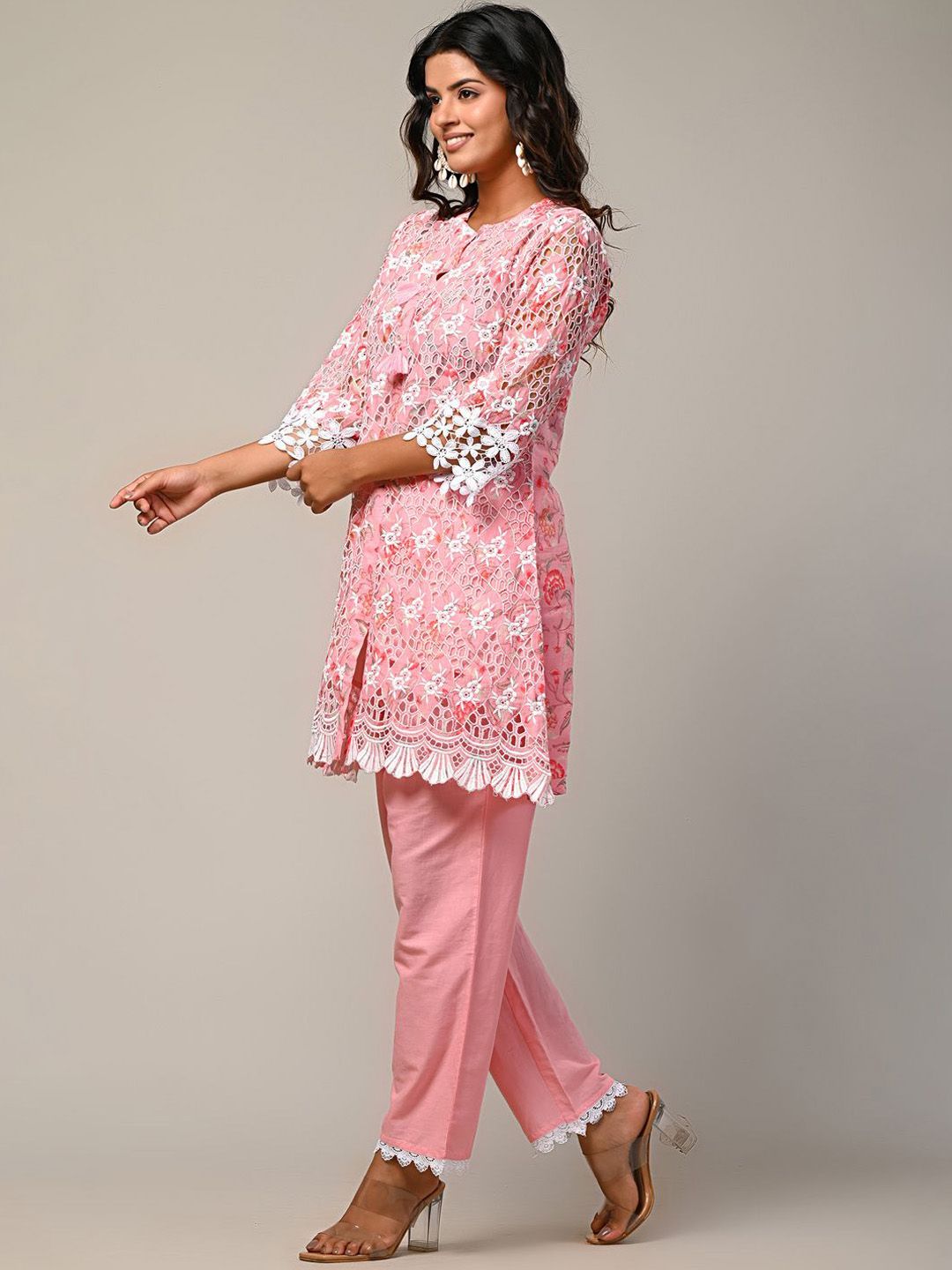 Indyancart IE Embroidered Mandarin Collar Pure Cotton Tunic With Trouser
