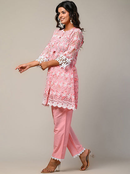Indyancart IE Embroidered Mandarin Collar Pure Cotton Tunic With Trouser