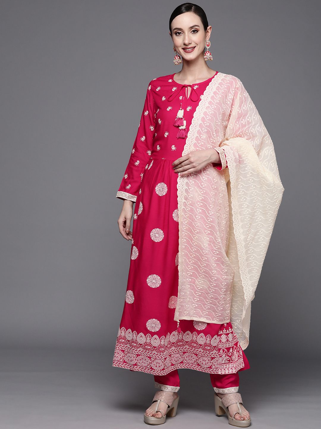 Indyancart IE Women Pink Ethnic Motifs Embroidered Sequinned Kurta with Trousers & With Dupatta