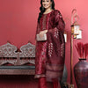 Dhiyona VA Women'sMaroon Floral Printed Beads and Stones Straight Kurta with Trousers & Dupatta