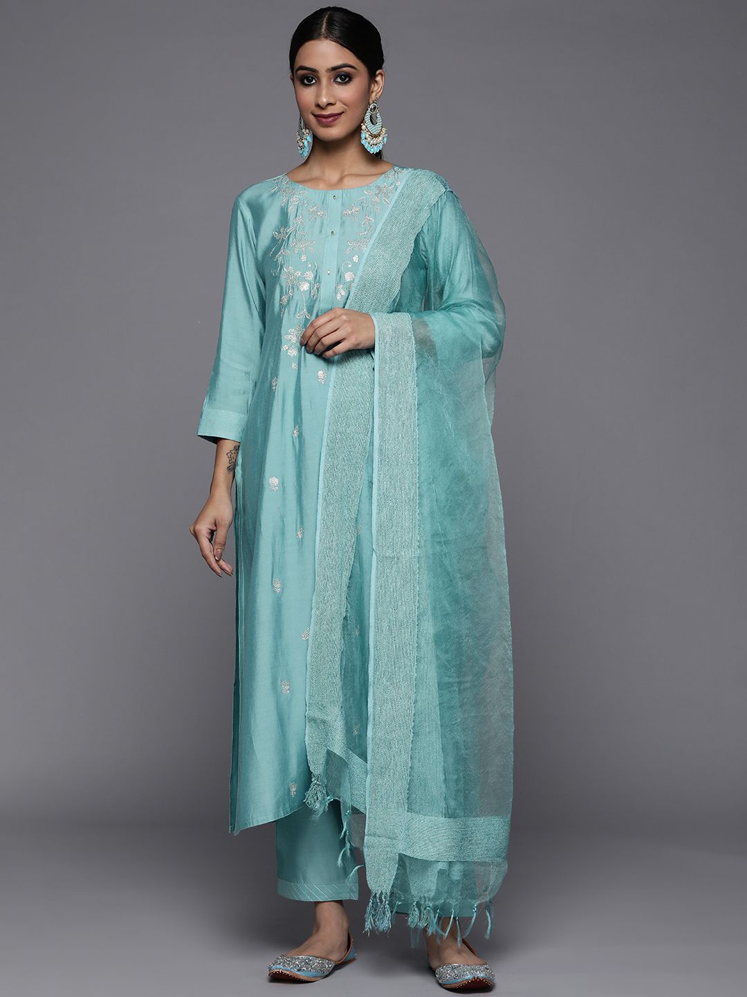 Indyancart VA Women's Blue Ethnic Motifs Embroidered Sequinned Kurta with Trousers & With Dupatta