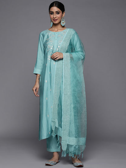 Indyancart VA Women's Blue Ethnic Motifs Embroidered Sequinned Kurta with Trousers & With Dupatta