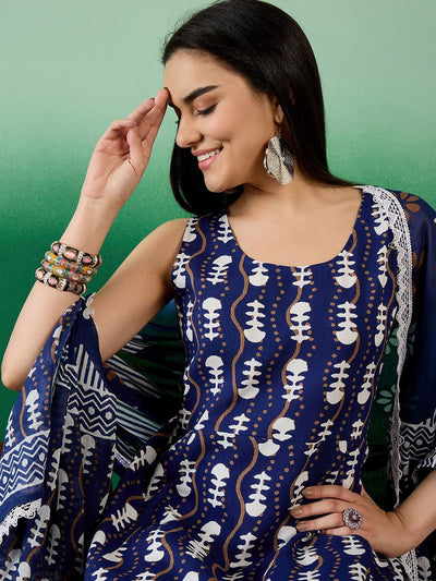 Indyancart SN Women's Blue Ethnic Motifs Round Neck Gotta Patti Anarkali Kurta With Trousers & Dupatta