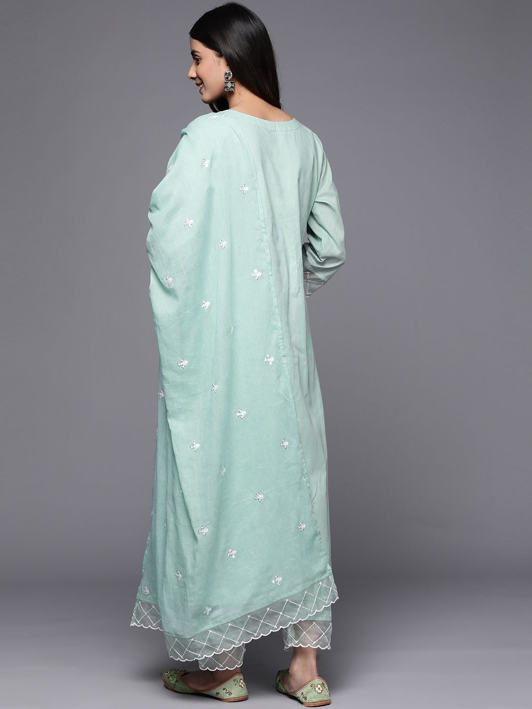 Indyancart VA Women's Floral Embroidered Sequinned Pure Cotton Kurta Set