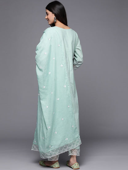 Indyancart VA Women's Floral Embroidered Sequinned Pure Cotton Kurta Set