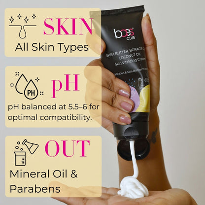 Baes CLUB Skin Vitalising Cream with shea butter, coconut oil, and borage oil for intense hydration, unisex skincare product.