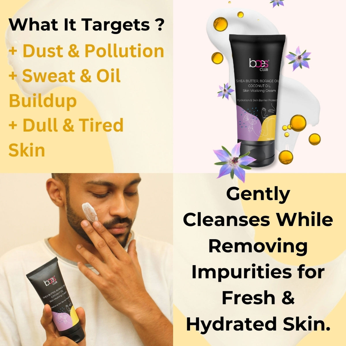 Baes CLUB Skin Vitalising Cream with shea butter, coconut oil, and borage oil for intense hydration, unisex skincare product.
