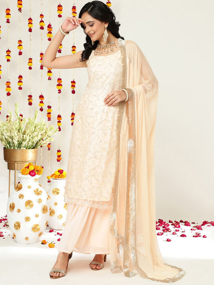 Indyancart VA Floral Embroidered Sequinned Straight Kurta & Sharara With Dupatta