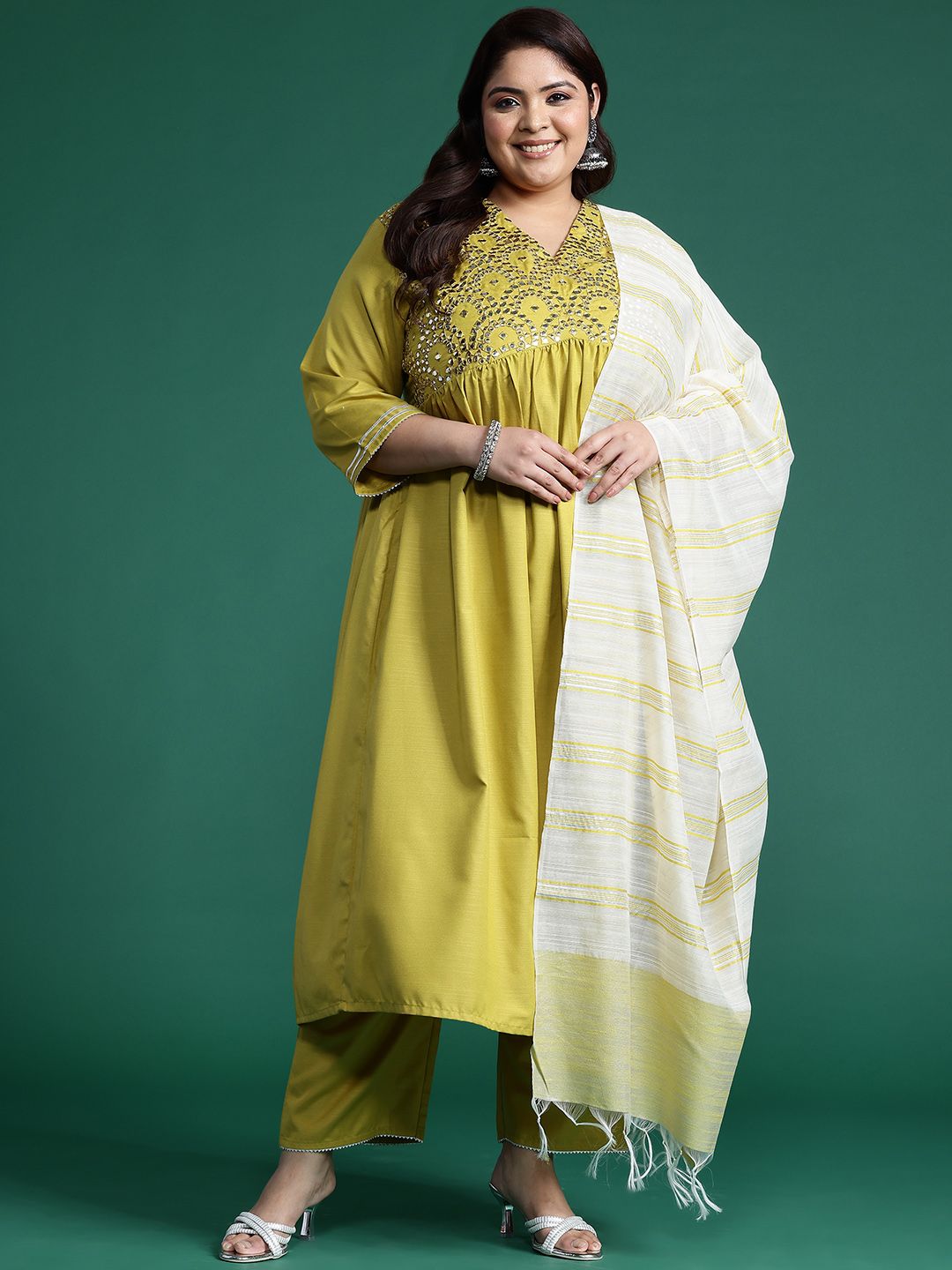 Indyancart Women's Plus Size Embroidered Empire Mirror Work Kurta With Trousers & Dupatta