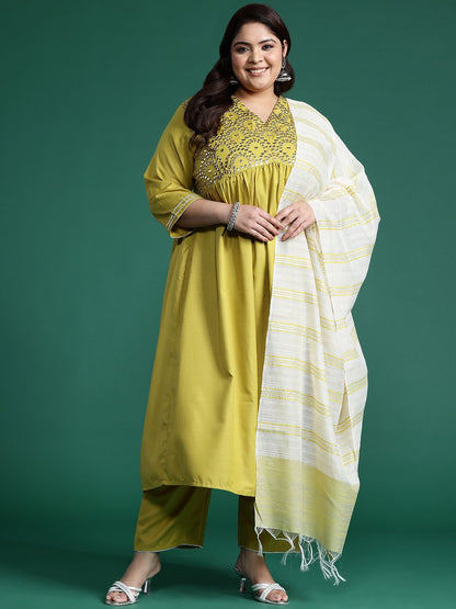 Indyancart Women's Plus Size Embroidered Empire Mirror Work Kurta With Trousers & Dupatta