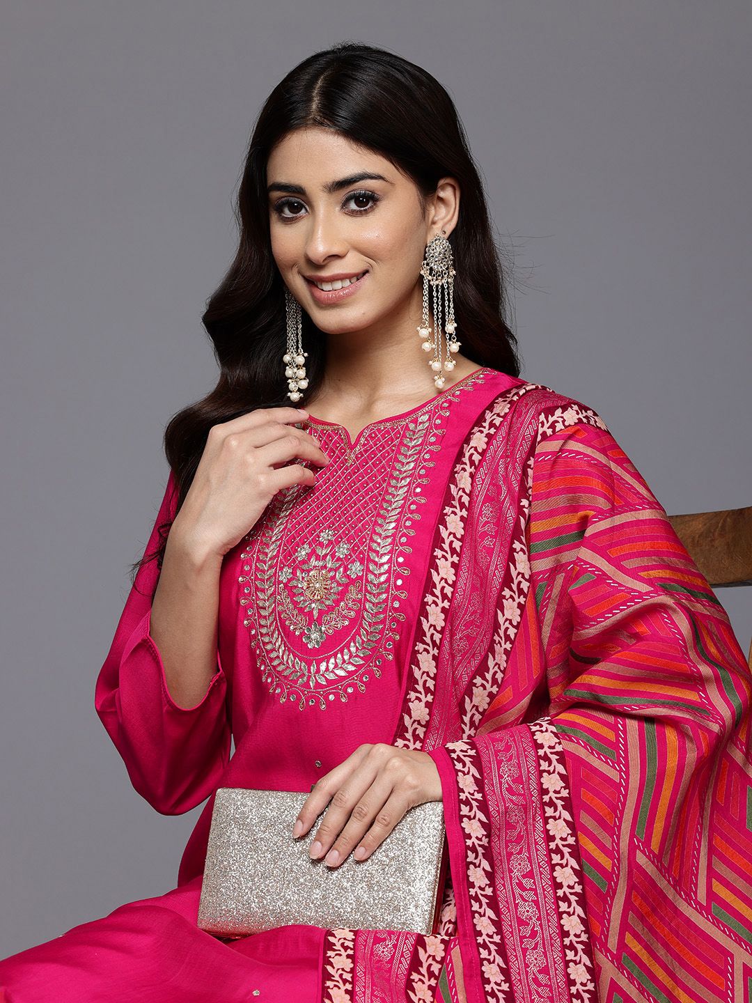Indyancart VA Women'sEthnic Motifs Yoke Design Gotta Patti Kurta With Trousers & Dupatta