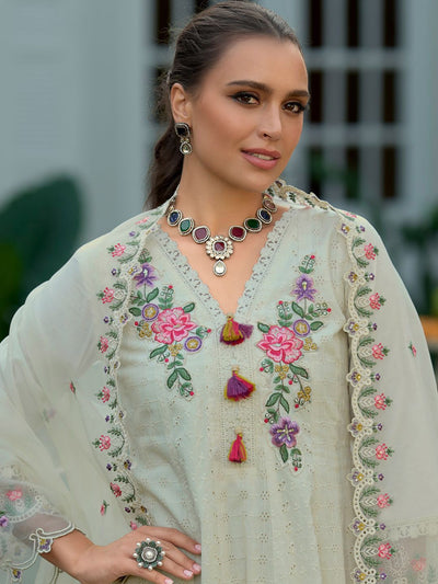 Dhiyona IE Floral Yoke Design Thread Work Pure Cotton Anarkali Kurta Wth Trousers & Dupatta