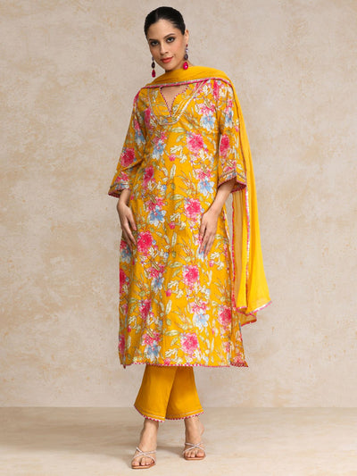 Indyancart VA Women's Ethnic Motifs Printed Regular Beads and Stones Pure Cotton Kurta with Trousers & With Dupatta