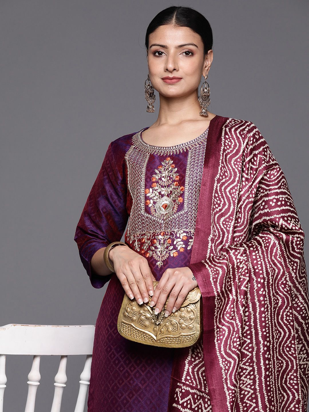 Indyancart VA Women'sFloral Embroidered Gotta Patti Kurta with Trousers & With Dupatta