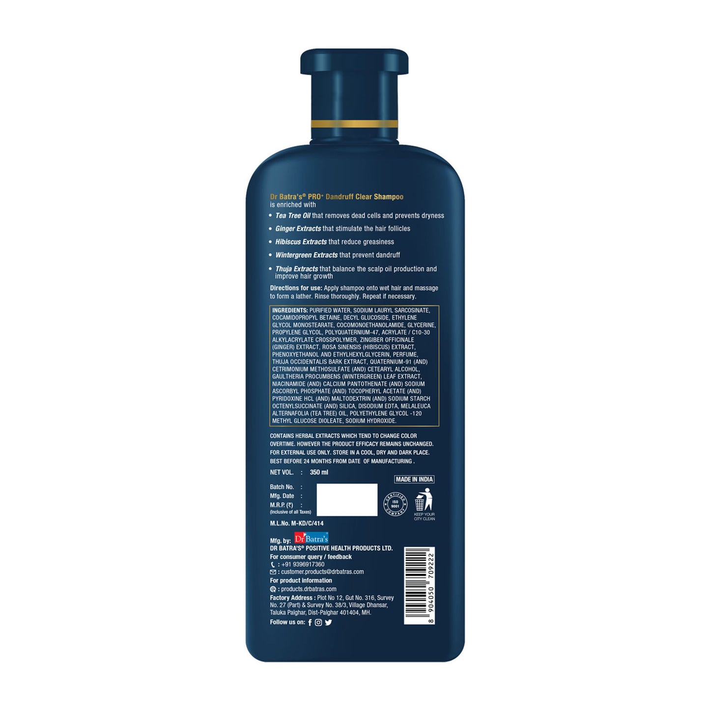 Dr Batra's PRO+ Anti Dandruff Clear Shampoo Extract with Tea Tree Oil, Hibiscus extract,