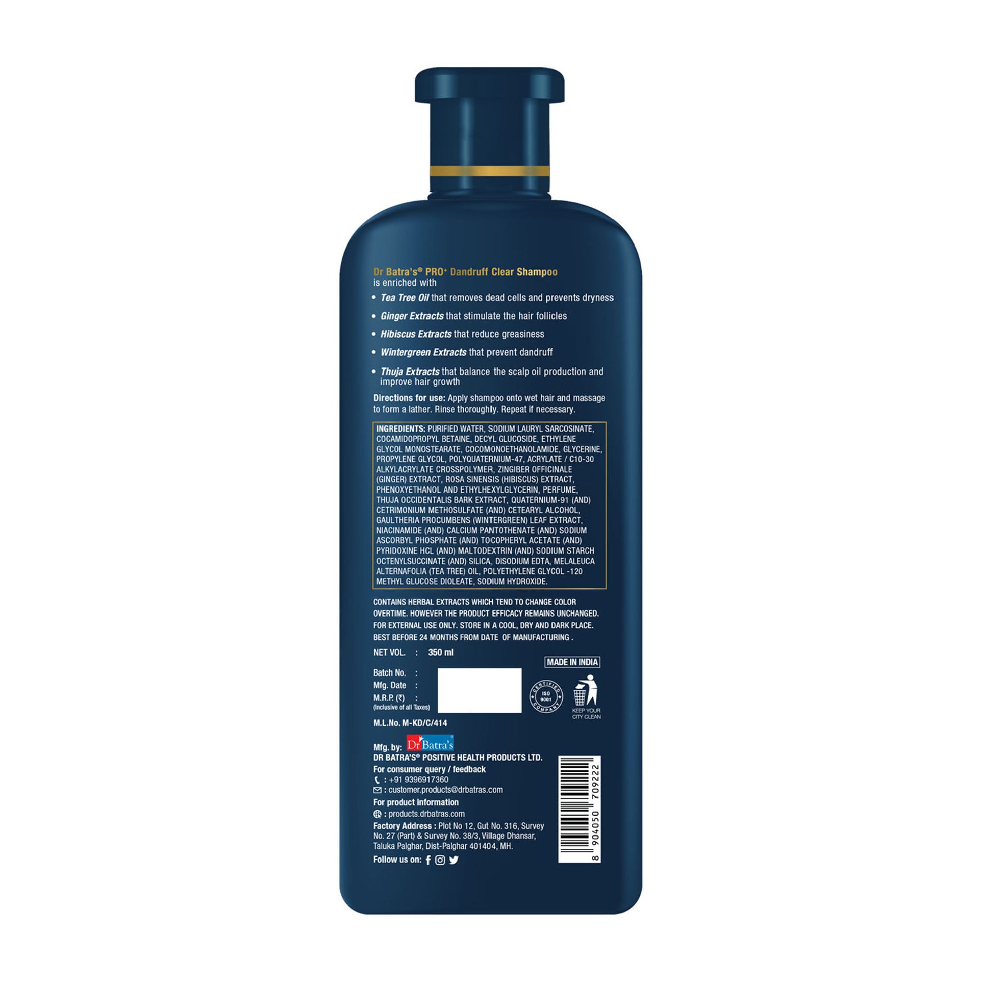 Dr Batra's PRO+ Anti Dandruff Clear Shampoo Extract with Tea Tree Oil, Hibiscus extract,