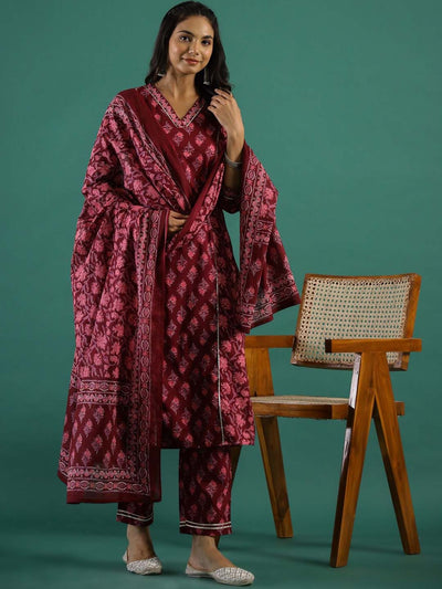 Indyancart SN Women's Printed Pure Cotton Straight Kurta With Trouser & Dupatta Set