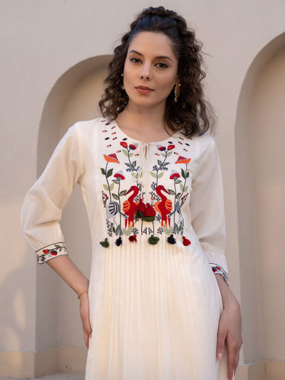 Indyancart IE Floral Embroidered Tie-UP Neck Pleated A-Line Pure Cotton Kurta With Trousers