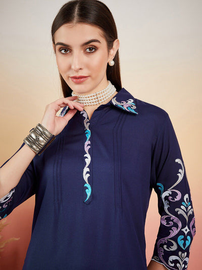 Indyancart SN Women's Navy Blue Floral Embroidered Shirt Collar Straight Kurta & Trousers