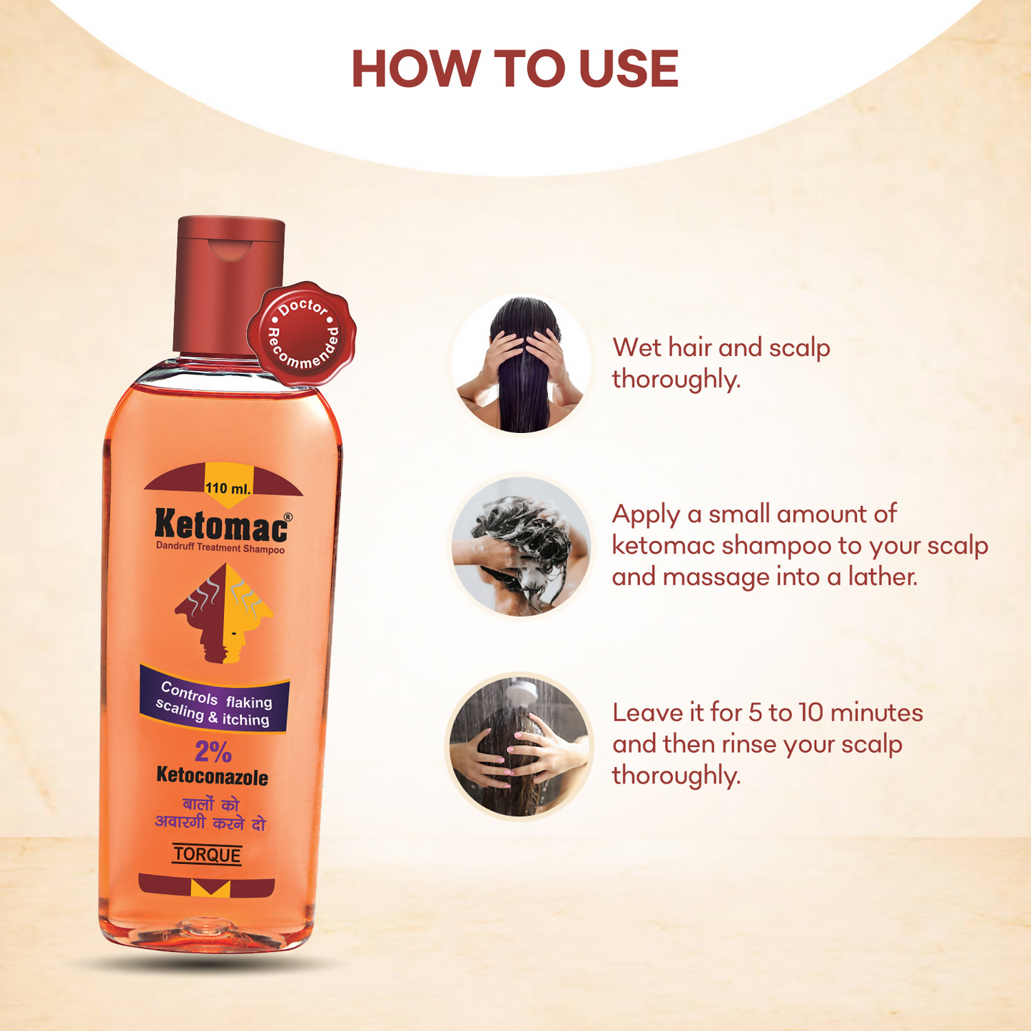 Torque's Ketomac Dandruff Treatment Shampoo bottle shown, emphasizing anti-dandruff shampoo for scalp health and hair care.