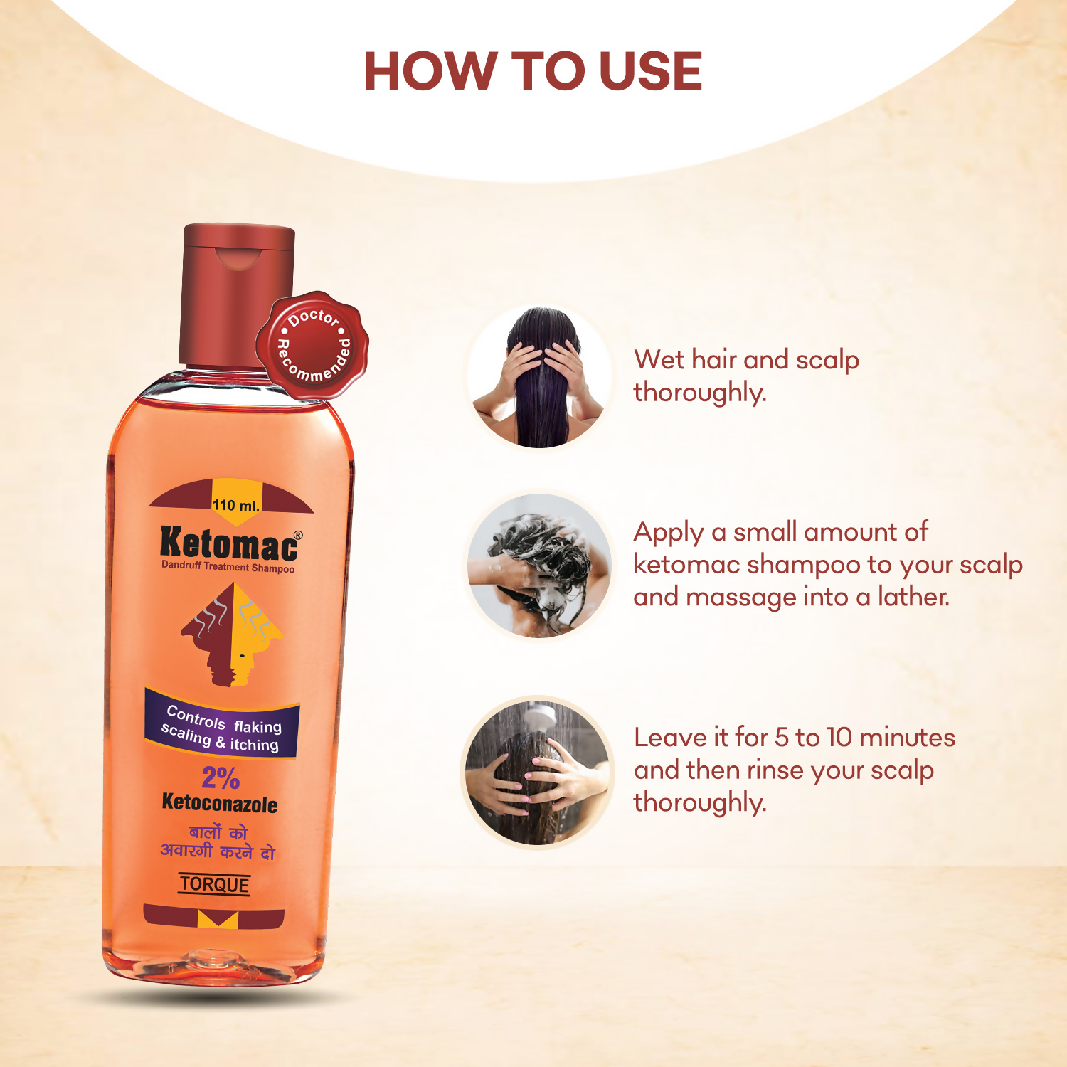 Torque's Ketomac Dandruff Treatment Shampoo bottle shown, emphasizing anti-dandruff shampoo for scalp health and hair care.