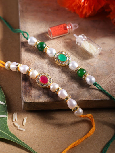 Indyancart Unisex Set of 2 Beaded Bhai Bhabhi Rakhis With Roli & Chawal