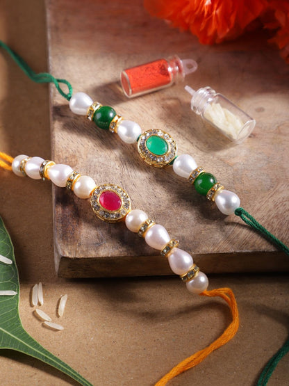 Anouk Unisex Set of 2 Beaded Bhai Bhabhi Rakhis With Roli & Chawal