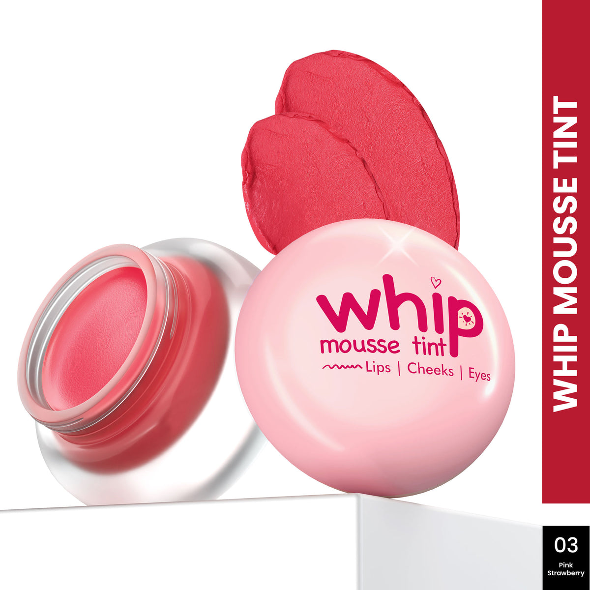 GLAM21 Whip Mousse Tint in Pink Strawberry, versatile lip, eye, and cheek color with a soft, whipped texture.