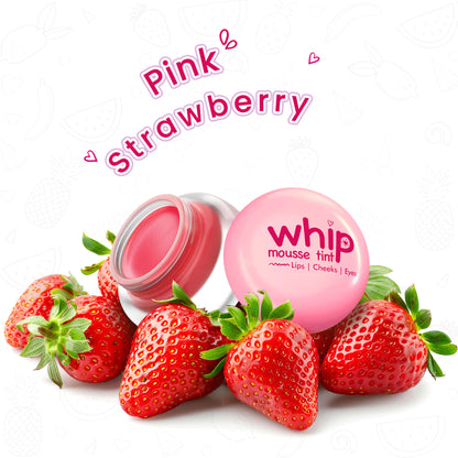 GLAM21 Whip Mousse Tint in Pink Strawberry, versatile lip, eye, and cheek makeup with a creamy, lightweight texture.